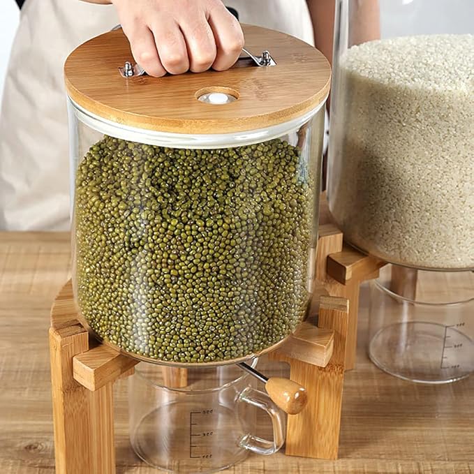Glass Rice Dispenser, Grain Dispensers Clear Dry Food Storage Container, 5L/0.32Gal Flour Cereal Rice Storage Box With Sealed Lid And Measuring Cup For Storing Sugar/Coffee Beans/Oats/Kitchen Food