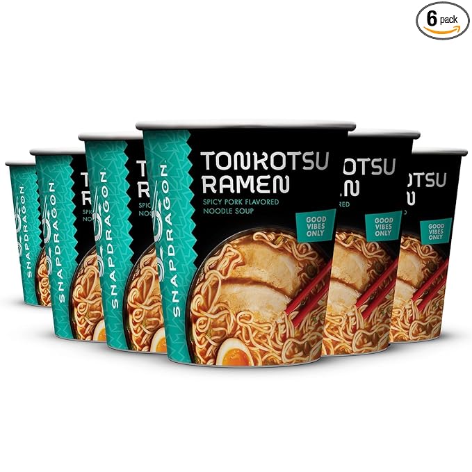 Snapdragon Tonkotsu Ramen Cup Noodles - 6 Pack Instant Ramen Bowl with Authentic Wheat Noodles, Soup Sauce Base, Flavor and Vege Packs. Microwave or Hot Water, Easy Meal Prep