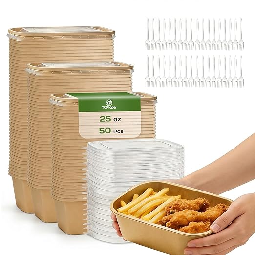 TOPtoper 50 Pack 25 OZ Disposable Meal Prep Containers with Lids and Forks, Large Kraft Paper Bowls for Party, Disposable Food Containers with Lids, Freezer and Microwave Safe Meal Prep Containers