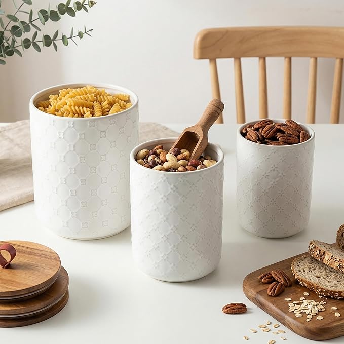 Ceramic Canisters Set with Airtight Lids, 82/48/30 oz Coffee Canisters Sets for the Kitchen, White Large Jars for Flour, Sugar, Pasta, Coffee, Cookies, Tea - Set of 3, Embossed Pattern