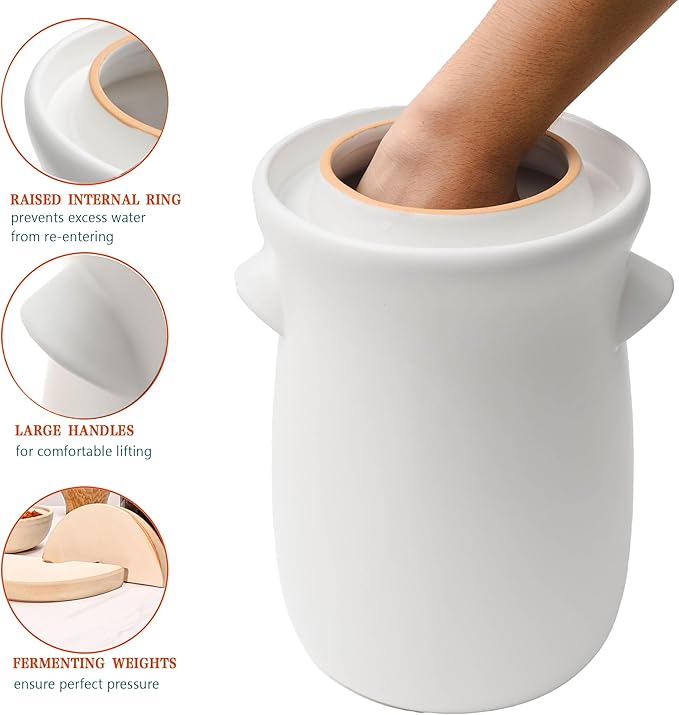 Fermentation Crock 3.8Liter/1 Gallon Stoneware Pot for Fermenting, Pickling Kimchi, Pickles, Vegetables, Kombucha - Glazed Fermenter with Stone Weights, Lid & Pickle Tamper-White Crock
