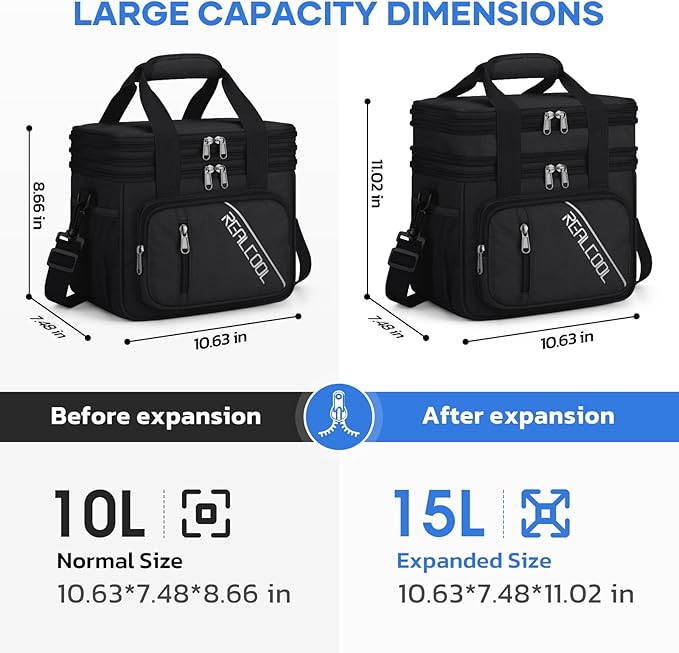 RealCool Lunch Bag, Insulated Lunch Box for Men Women, Double Deck Leakproof Soft Cooler Bag with Adjustable Strap, Reusable Lunchbox for Work, Travel, Camping (Black)