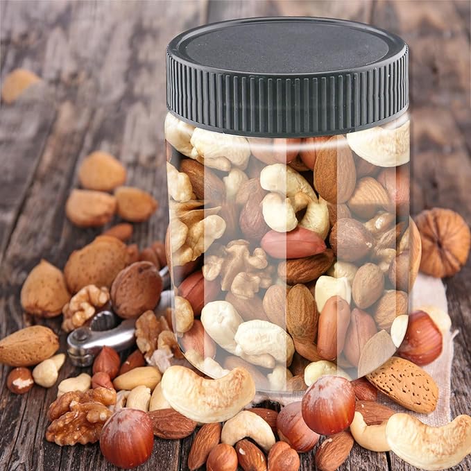 10 Oz Clear Plastic Jars with Black Lids Refillable Kitchen Storage Containers for Dry Food Coffee Nuts and More (4), Clear+Black