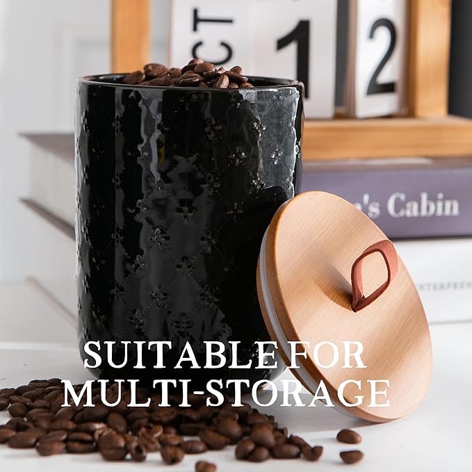Ceramic Canisters Set with Airtight Lids, 82/48/30 oz Coffee Canisters Sets for the Kitchen, Black Large Jars for Flour, Sugar, Pasta, Coffee, Cookies, Tea - Set of 3, Embossed Pattern