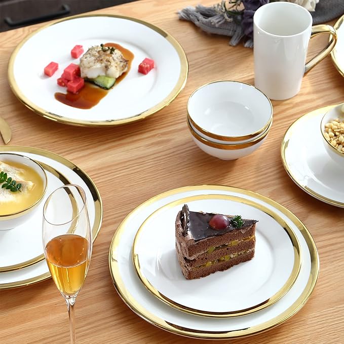Salad & Dessert Plates, Set of 6, 8 inch, White Porcelain with Gold Trim, Elegant Ceramic Appetizer Plates for Bread, Snack and Finger Food, Round Serving Dishes for Wedding & Dinner Party