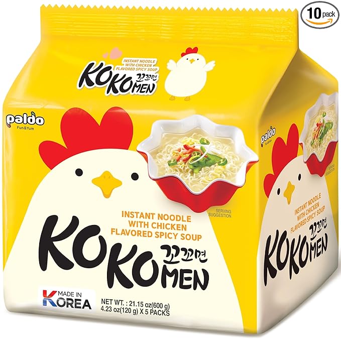Paldo Fun & Yum Kokomen Ramen Hot Spicy Instant Noodles with Soup, Pack of 10, Chicken Based Broth, Best Oriental Style Korean Ramyun, K-Food, 꼬꼬면 120g x 10