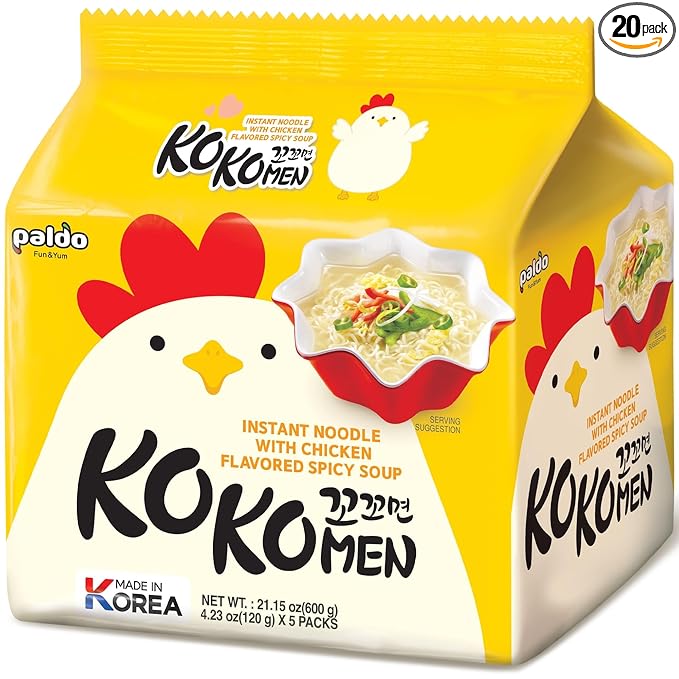 Paldo Fun & Yum Kokomen Ramen Hot Spicy Instant Noodles with Soup, Pack of 20, Chicken Based Broth, Oriental Style Korean Ramyun, K-Food, Family Pack (120g x 20)