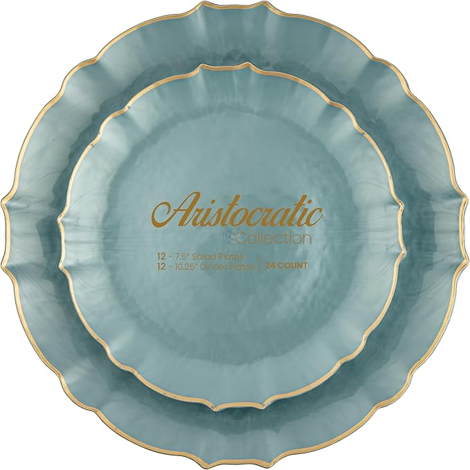 PLASTICPRO 48 Piece Aristocratic Pearl Blue Combo Plastic Dinner Plates Disposable Plastic Fancy Heavy Duty Party Dishes 24, 7'' inch and 24, 10'' inch, Pearl Blue With Gold Rim