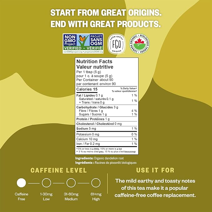 FGO Organic Dandelion Root Loose Tea, Cut and Sifted, Caffeine Free, 16oz Bulk Resealable Bag, Packaging May Vary (Pack of 1)