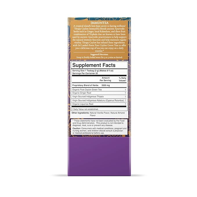 TERAPY Ceylon ImmunTea - Ayurvedic Immunity Tea with All Pure Herbal Ingredients, Ginger & Triphala for Immune Defense, Fortify Your Immunity, Low Caffeine, 20 Individually Wrapped Bags (Pack of 1)