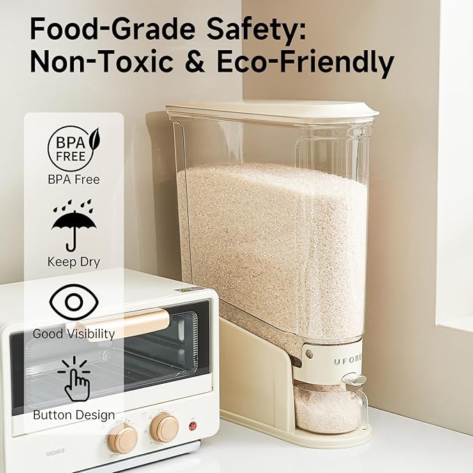 UFORU Rice Dispenser 11Lbs, Slim Rice Storage Container for Small Space, BPA-Free Clear Dry Food Dispenser Sealed Moisture Proof, Grain&Cereal Storage Bucket for Kitchen Pantry Household, Cream White