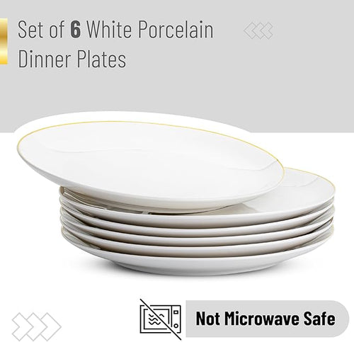 BTaT- White Porcelain Dinner Plates with Gold Rim, Set of 6, 10.5", Porcelain Dinner Plates
