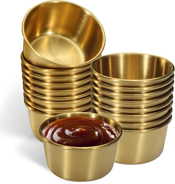 Huakaile 18 Pcs 2 oz Stainless Steel Dipping Sauce Cup, Mini Dip Bowls, Reusable Metal Condiment Cups Ramekins Containers for Ketchup Dressing Home Party Restaurant Kitchen (18PCS Gold)