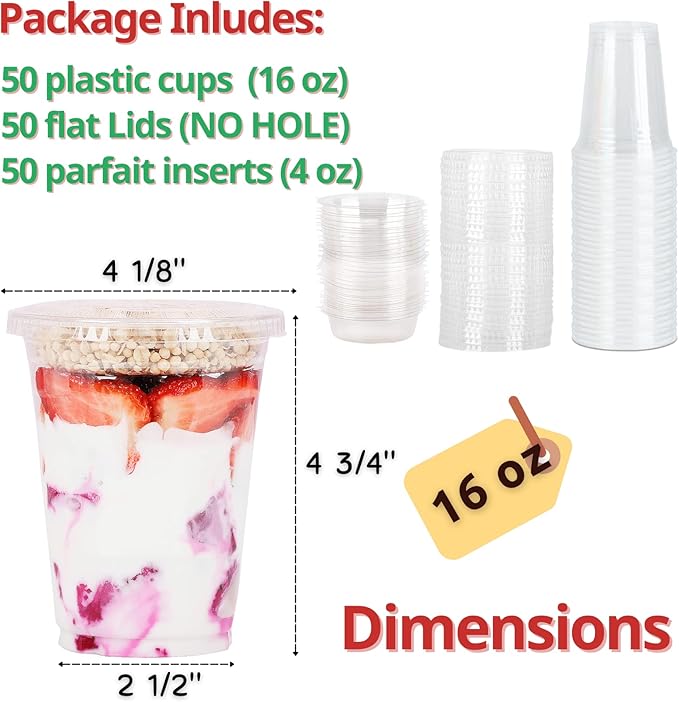 Aatriet 16 oz Clear Plastic Parfait Cups with Insert 4oz & Flat Lids No Hole - (50 Sets) Yogurt Fruit Parfait Cups for Kids, for Dips and Veggies, Take Away Breakfast and Snacks. No Leaking