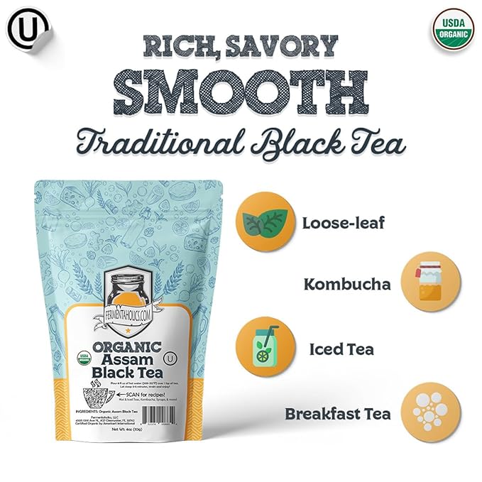 Fermentaholics Assam Black Tea – 4 oz – USDA Certified Organic Loose Leaf – OU Kosher – Ideal For Brewing Kombucha
