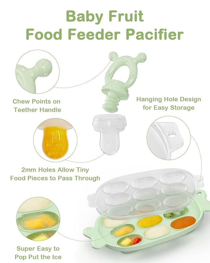 Silicone Baby Fruit Feeder with Freezer Nibble Tray Combo, Baby Teethers, Breastmilk Popsicle Molds for Teething Relief, BPA Free Fresh Food Feeder for Safe Infant Self Feeding (Sage Green)