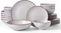 Famiware Venus Stoneware Dinnerware Set with Pasta Bowls for 6, 24-Piece Speckled Plates and Bowls with Trim, Matte Light Gray - Chip‑Resistant Dishes for Everyday & Formal, Microwave/Dishwasher Safe