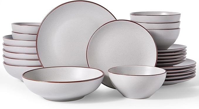 Famiware Venus Stoneware Dinnerware Set with Pasta Bowls for 6, 24-Piece Speckled Plates and Bowls with Trim, Matte Light Gray - Chip‑Resistant Dishes for Everyday & Formal, Microwave/Dishwasher Safe
