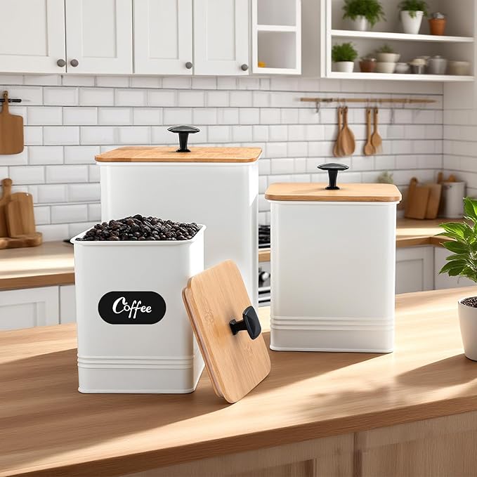 Kitchen Canisters Set of 3, Metal Flour Sugar Storage Containers with Airtight Lids-Canisters Sets for Kitchen with Customizable Chalkboard Labels & Marker Pen-Spice, Coffee Storage Jars(White)