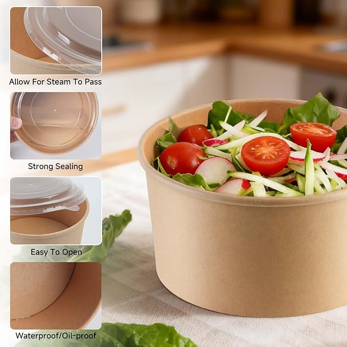 34 oz Disposable Kraft Paper Bowls with Lids and Sporks, 48 Sets Leak-Proof Meal Prep Containers for Hot & Cold Food, Soup, Salad, Snacks, Ice Cream, Desserts, Food Bowls