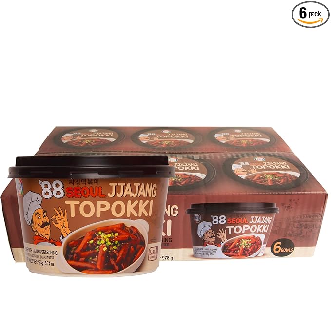 Surasang Jjajang Tteokbokki - Non-Spicy Instant Korean Rice Cakes with Sweet & Savory Black Bean Sauce, Microwaveable Cups, Korean Street Food, Made in Korea - Pack of 6