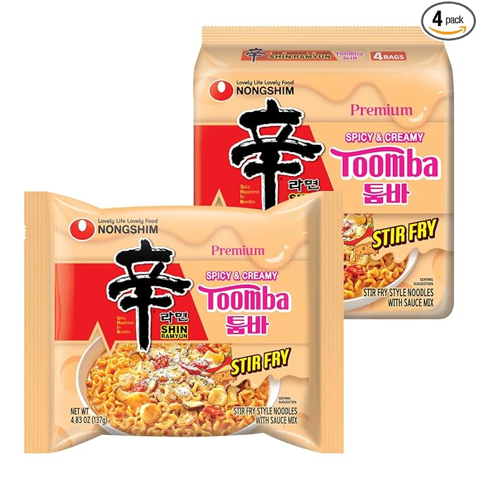 Nongshim Shin Ramyun Toomba Noodles, Creamy Korean Mac and Cheese Style Noodles, Gentle Kick of Spice, Korean Stir Fry Style Instant Noodles, 4.83 oz (Pack of 4), Packaging May Vary.