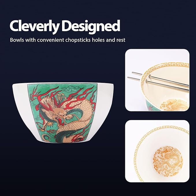 Hagary Dragon Ramen Bowl Ceramic Bowl Japanese Style Udon Miso Noodle Rice Soup Bowls with Stainless Steel Chopsticks Housewarming Wedding Gifts Designed in Korea (Gold, 20 oz)