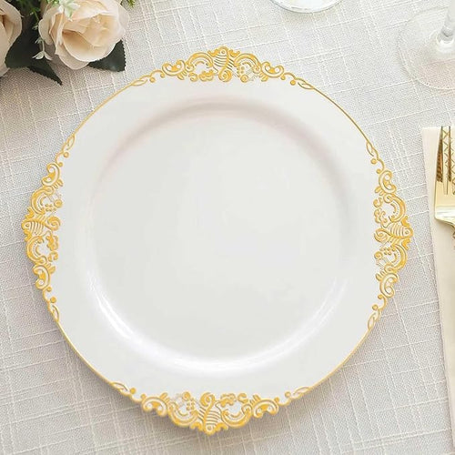 Efavormart 10 Pack | 10" White and Gold Baroque Dinner Plates, Leaf Embossed Metallic Rim Heavy Duty Serving Plates for Formal Wedding Banquets