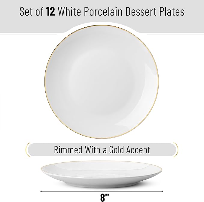 BTaT- White Dessert Plates with Gold Rim, Set of 12, 8", Porcelain, Small Plates for Appetizers