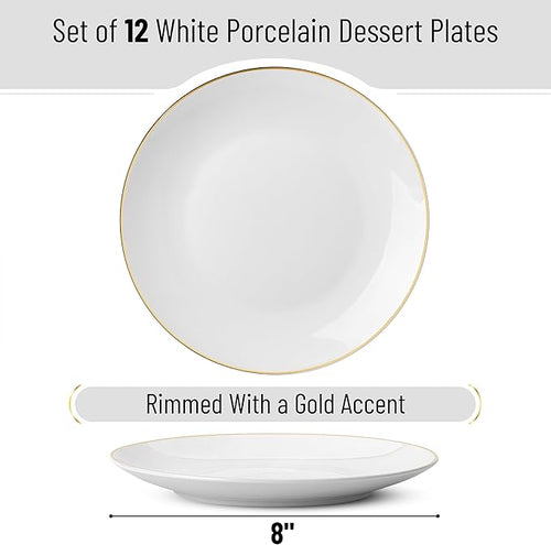 BTaT- White Dessert Plates with Gold Rim, Set of 12, 8", Porcelain, Small Plates for Appetizers