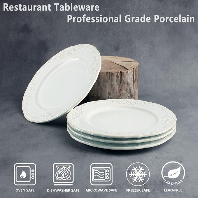 Ceramic dinner plate set (4 pieces), ceramic dinner plates, embossed salad plates, kitchen porcelain tableware, microwave/oven/dishwasher safe, scratch resistant. (off-white1)