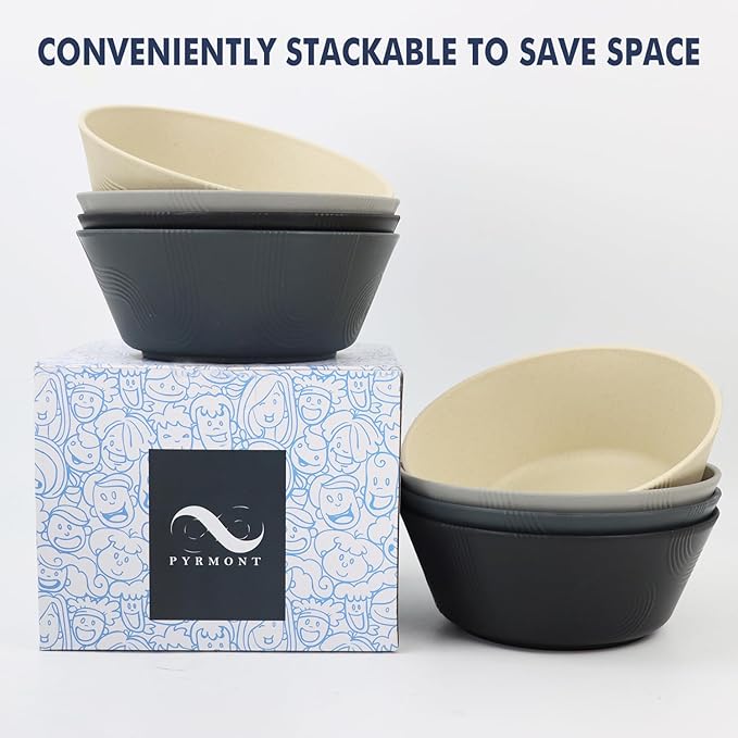 PYRMONT Large Salad Bowl 36 OZ Wheat Straw Bowls Set of 8 Alternative Plastic Bowls Dishwasher & Microwave Safe Large Serving Bowl for Party Unbreakable Soup Bowls for Camping Kitchen Bowls-Grey Stone