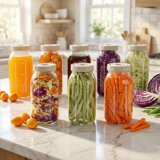 64oz Glass Fermentation Jar, 2L Glass Fermenting Jar with Dial Date Tracker Lids, Airlocks & Weights, Fermenting Kit for Sauerkraut, Pickling, Kombucha & Cider(2 Pack Jars Included）