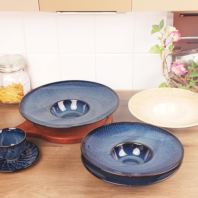 Soup Bowls, Soup Plates, 5.1 oz, Porcelain Pasta Bowl Set of 4, Wide edge Shallow Bowl Plates, Rimmed Bowls with Rim, Best choice for high-end restaurants and foodies,Royal blue 9.8 Inch
