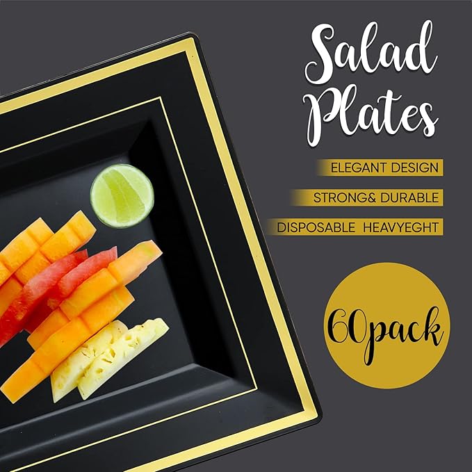 JOLLY CHEF 60 Pack Halloween Birthday Plastic Plates- Square Gold Plastic with Elegant Gold Rim 9.5 Inch Black Disposable Plates for Wedding, Birthday, Halloween and Party