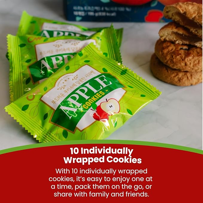 CW Korean Snack Grand Shell Apple Pie Cookies with Apple Filling Jam, Dessert, 10 count, 195 g, individually wrapped Soft Pastry Style cookies, Sweet Apple Treat