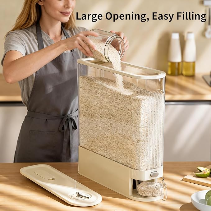 Rice Bucket, 11 lb. Multigrain Can, Visually Sealed Moisture-Proof Rice Storage Container with Measuring Cup, Large Bore Food Grade Grain Dispenser, BPA Free rice dispenser