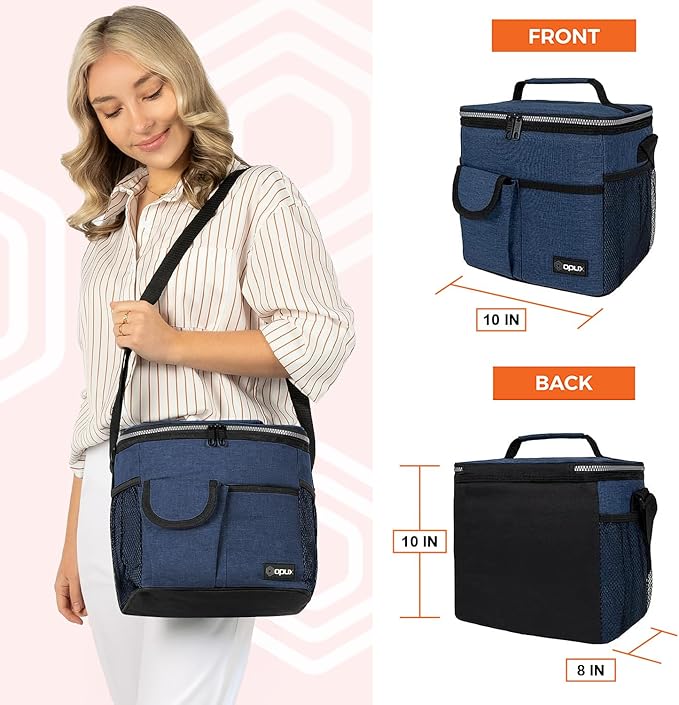 opux Insulated Lunch Box for Men Women Kids, Leakproof Reusable Lunch Bag Cooler for Work School Office, Soft Thermal Lunchbox Tote Shoulder Strap for Boys Girls Adults, Heather Navy, 18 Can/10L