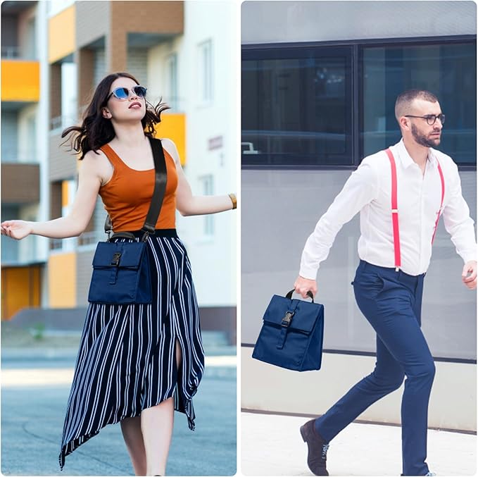 ZM-YOUTOO Insulated Foldable Lunch Bag- Lightweight Portable with Adjustable Shoulder Strap Lunch Box for Men, Women, Office, Work, Picnic, Hiking and Beach (Navy Blue(Soft Fabric))