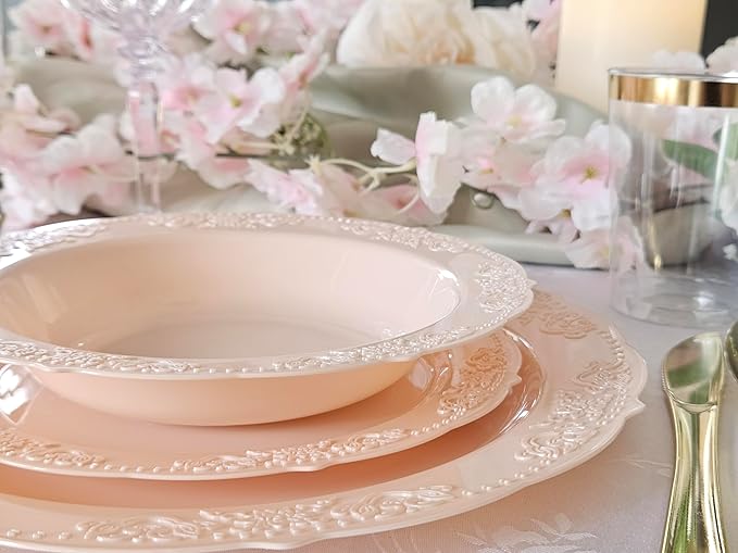 " OCCASIONS " 240 Plates Pack,(120 Guests) Vintage Wedding Party Disposable Plastic Plates Set-120x10.25'' Dinner +120x7.5'' Salad/Dessert Plate (Portofino in Blush/Antique Rose)