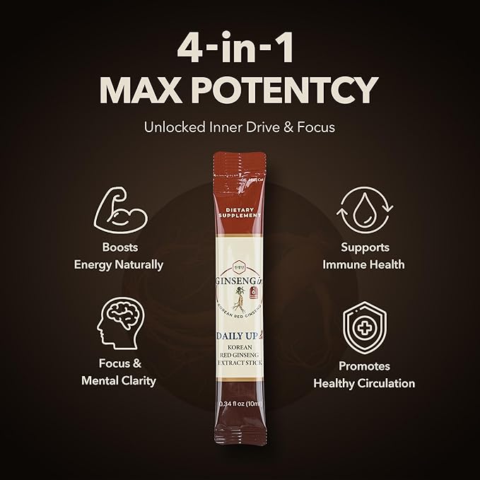 DailyUp Korean Red Ginseng Liquid Sticks — 1000mg, 6-Year Root, No Sugar Added, Caffeine Free, Vegan — Korean GMP Certified, 30 Single-Serve Sticks (1-Month Supply)