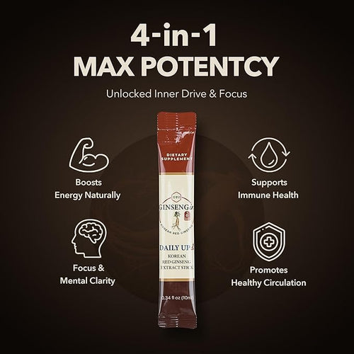 DailyUp Korean Red Ginseng Liquid Sticks — 1000mg, 6-Year Root, No Sugar Added, Caffeine Free, Vegan — Korean GMP Certified, 10 Sticks