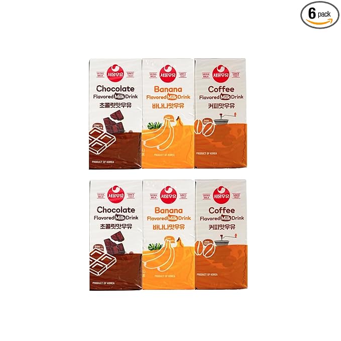 Korean Soul Milk Fruit, Coffee, and Chocolate Flavored Milk Variety Pack, 6.24 fl oz Pack, Korean Dairy Drink, 2 Percent Milkfat, Ready to Drink (1Set, Banana2Coff2Choc2)