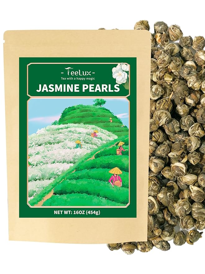 TeeLux Jasmine Pearls Green Tea, Handrolled Green Tea Loose Leaf with Delightful Aroma, Natural Jasmine Pearl Tea, 16oz