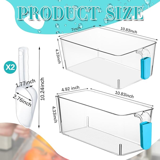 Havawish Ice Storage Bin and Flexible Scoop Set Plastic Freezer Bin with Pull out Handle Storage Bucket Clear for Container with Scoop(Light Blue,10.83 x 7 x 4.33 In,10.83 x 4.92 x 4.33 in,Classic)