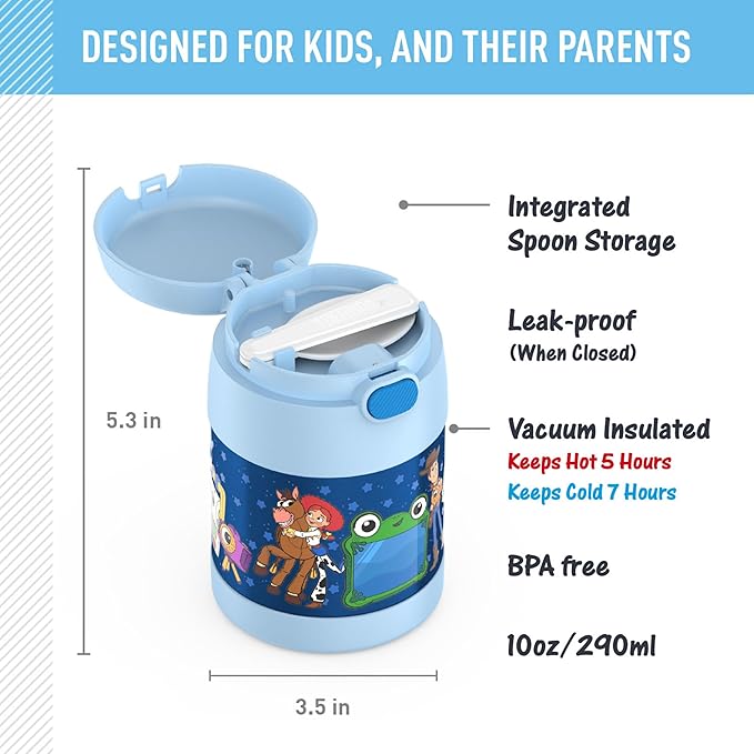 THERMOS FUNTAINER Insulated Food Jar, 10 Ounce, Kid Friendly Food Jar with Foldable Spoon, Toy Story 5
