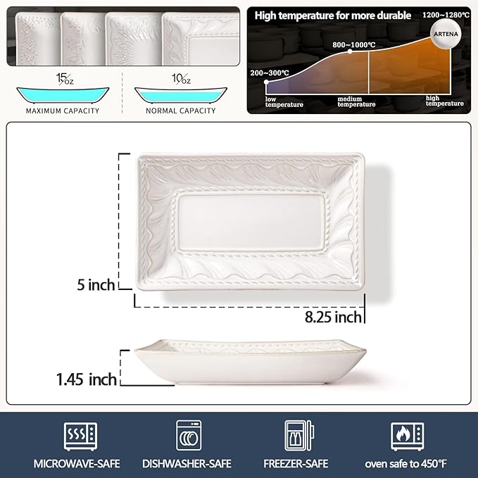 Artena 8.25" Ceramic Rectangle Plates Set of 4 - Deep Lipped Edges, Appetizer Salad Sushi Pasta Dessert Plates, Microwave/Oven Safe, Cute Kitchen Dinner Restaurant Serving Dishes (Willow Leaf)