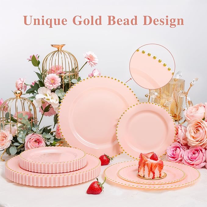 supernal 100pcs Pink Plastic Plates with Gold Beads Plates Disposable Heavy Duty Valentine's Day Decorations Includes 10 inch Dinner Plate and 7 inch Dessert Disposable Plate for Party,Wedding