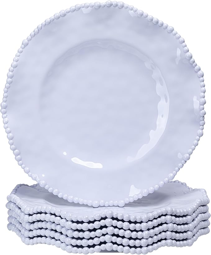 White Beaded Melamine 11 Inch Dinner Plates,Set of 6, Elegant Scalloped Pearl Serving Dishes plate, Unbreakable Dinnerware Dessert/Salad Plates, Dishwasher safe