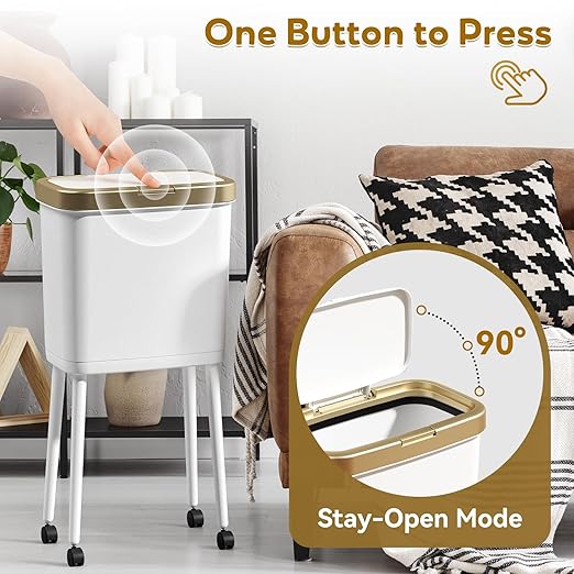 Procade Gold Bathroom Trash Can with Lid,15L Large Capacity Narrow Waste Basket with Pop-Up Lid,Covered White Office Trashcans for Near Desk,Plastic Garbage Bin for Kitchen,Bedroom,Dorm